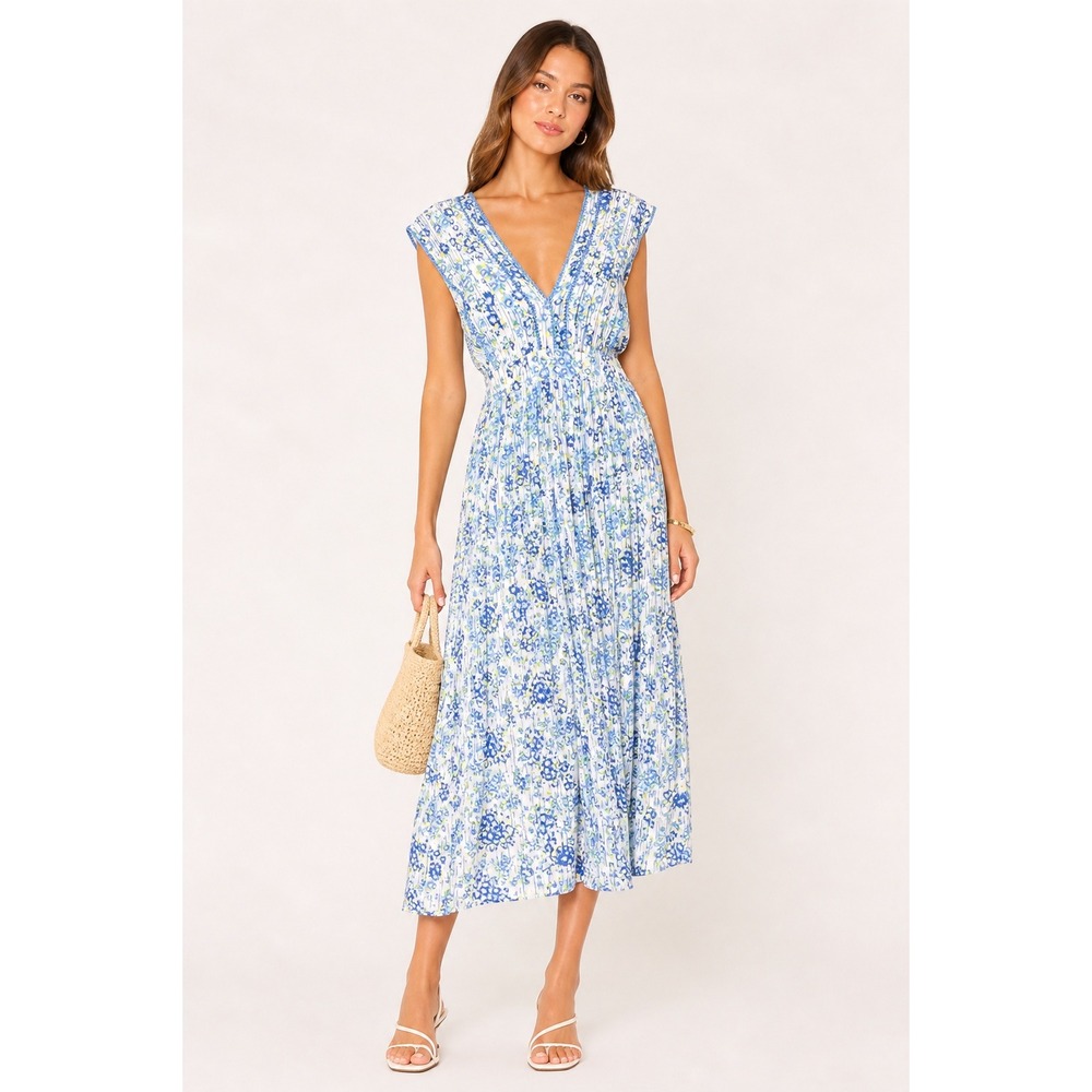 Poupette St Barth Dress Womens S Blue Floral Sasha Midi Boho V-Neck Pockets Lace